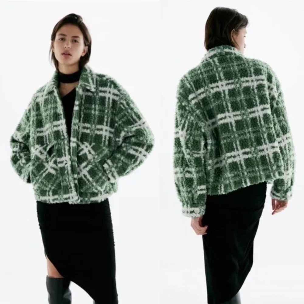 ZARA Combination Green Plaid Fleece Jacket